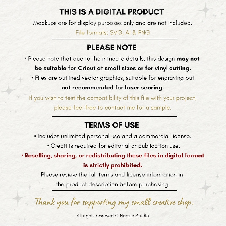 Puede incluir: Una hoja de informaci&oacute;n de producto digital con texto negro sobre un fondo crema. El texto incluye detalles sobre formatos de archivo, t&eacute;rminos de uso y una nota sobre la idoneidad del dise&ntilde;o para Cricut. La hoja termina con un mensaje de agradecimiento.