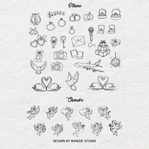 Puede incluir: Ilustraciones en blanco y negro de varios objetos, incluyendo anillos, c&aacute;maras, un micr&oacute;fono y querubines. Las palabras "Others" y "Cherubs" est&aacute;n escritas arriba y abajo de las ilustraciones. El texto "DESIGN BY NANZIE STUDIO" est&aacute; en la parte inferior.