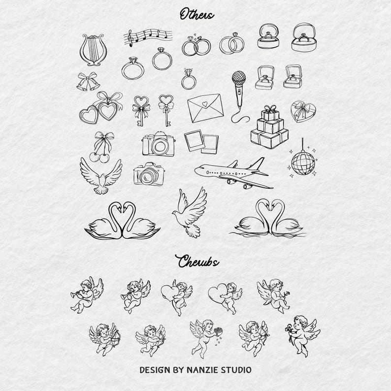 Puede incluir: Ilustraciones en blanco y negro de varios objetos, incluyendo anillos, c&aacute;maras, un micr&oacute;fono y querubines. Las palabras "Others" y "Cherubs" est&aacute;n escritas arriba y abajo de las ilustraciones. El texto "DESIGN BY NANZIE STUDIO" est&aacute; en la parte inferior.