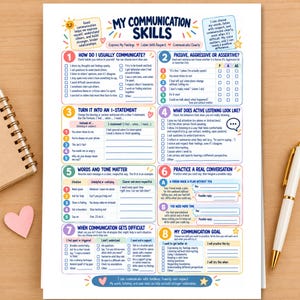 May include: A white educational worksheet titled My Communication Skills featuring eight numbered sections with checklists, fill-in-the-blank prompts, and colorful icons designed to help improve interpersonal communication and emotional expression.