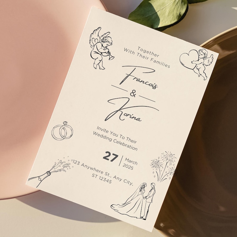 Puede incluir: Una invitaci&oacute;n de boda crema con ilustraciones en l&iacute;nea negra de querubines, anillos, fuegos artificiales, una botella de champ&aacute;n y una novia y un novio. La invitaci&oacute;n dice "Francois & Korina" y la fecha es el 27 de marzo de 2025.