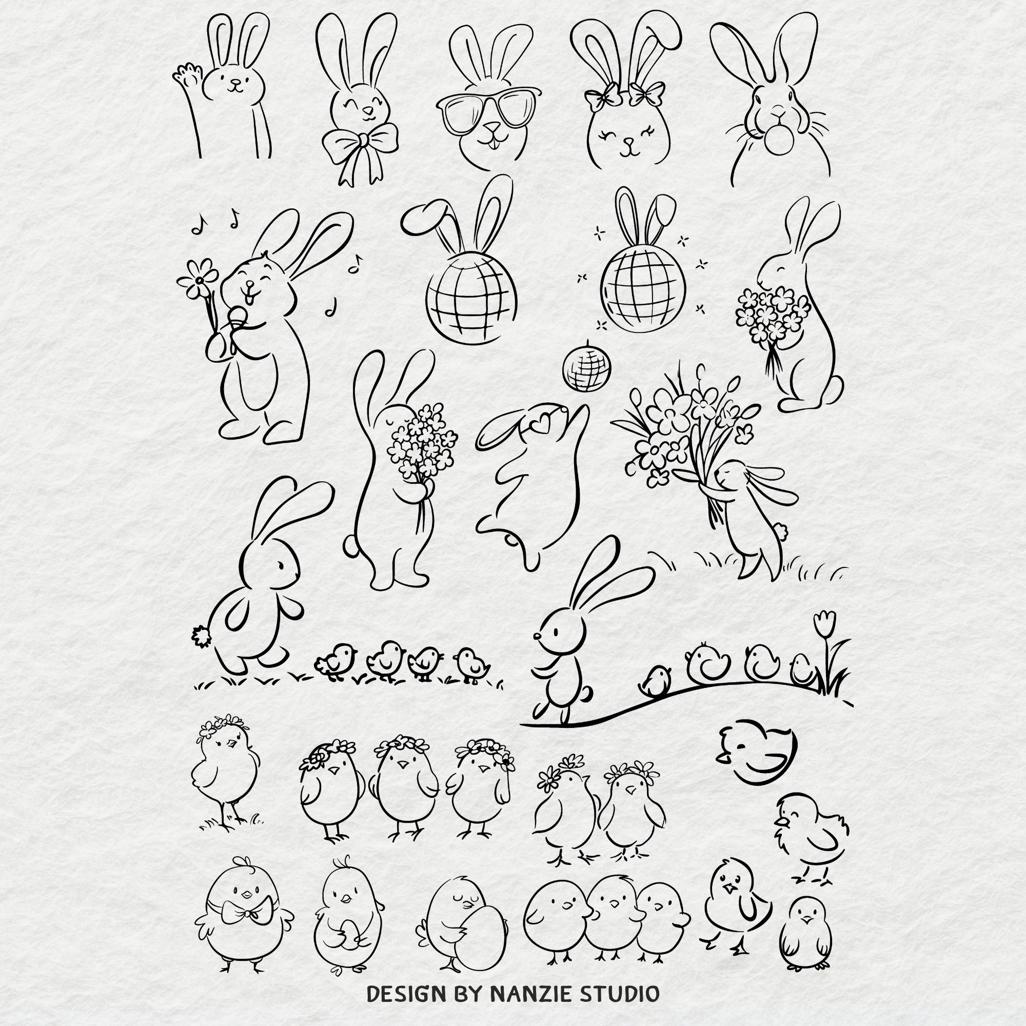 Whimsical Easter SVG Bundle, Hand Drawn Spring Bunny Doodle Clipart for ...