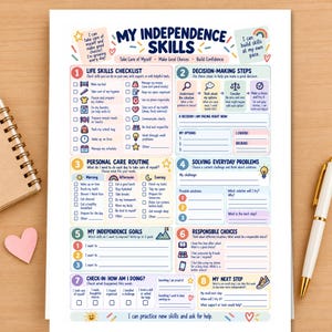 May include: A white printable worksheet titled My Independence Skills with eight numbered sections including a life skills checklist, decision-making steps, personal care routine, problem-solving guide, goals, responsible choices, and check-ins.