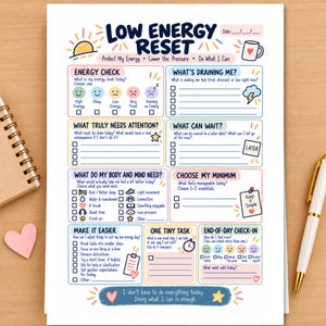 Low Energy Reset Printable, Gentle Productivity Worksheet, ADHD Executive Function, Self Care, Energy Check In for Adults & Teens, PDF