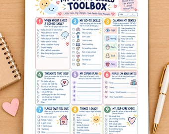 May include: A printed worksheet titled My Coping Skills Toolbox with nine numbered sections featuring checklists and prompts for emotional regulation, decorated with colorful icons like suns, clouds, and hearts on a white background.