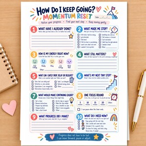 How Do I Keep Going? Momentum Reset Printable, Executive Function Worksheet, Motivation Exercises, Task Breakdown, Focus for Adults & Teens