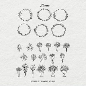 Puede incluir: Ilustraciones florales en blanco y negro, que incluyen coronas, ramos y arreglos florales individuales. La palabra "Flowers" est&aacute; escrita en la parte superior y "DESIGN BY NANZIE STUDIO" en la parte inferior.