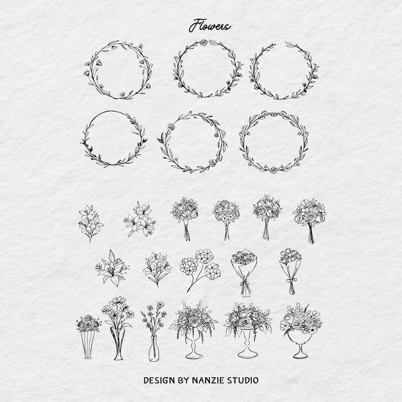 Puede incluir: Ilustraciones florales en blanco y negro, que incluyen coronas, ramos y arreglos florales individuales. La palabra "Flowers" est&aacute; escrita en la parte superior y "DESIGN BY NANZIE STUDIO" en la parte inferior.