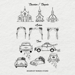 Puede incluir: Ilustraciones en blanco y negro de elementos de boda, incluyendo iglesias, arcos y coches. Los textos "Churches / Chapels", "Arches" y "Cars" est&aacute;n en la parte superior. El texto "DESIGN BY NANZIE STUDIO" est&aacute; en la parte inferior.