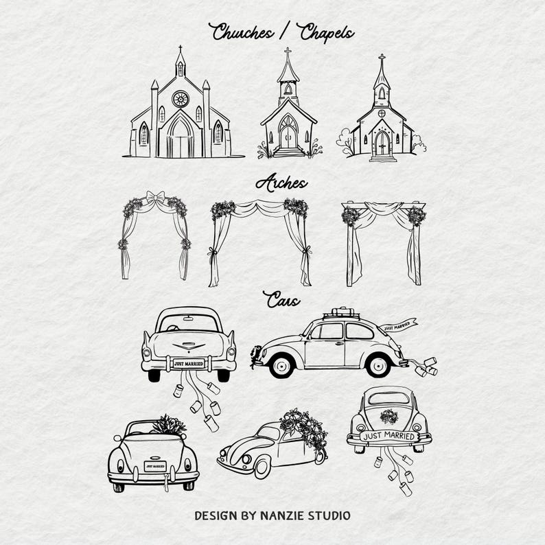 Puede incluir: Ilustraciones en blanco y negro de elementos de boda, incluyendo iglesias, arcos y coches. Los textos "Churches / Chapels", "Arches" y "Cars" est&aacute;n en la parte superior. El texto "DESIGN BY NANZIE STUDIO" est&aacute; en la parte inferior.