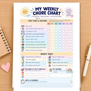 May include: A printed weekly chore chart featuring a sun and cloud graphic at the top with the text My Weekly Chore Chart. The document includes sections for daily tasks, weekly tasks, goals, rewards, and notes with colorful icons.