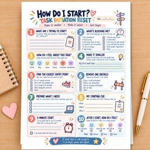 Task Initiation Worksheet, ADHD Executive Function Printable, Gentle Productivity, Procrastination Help for Adults & Teens, A4 US Letter PDF