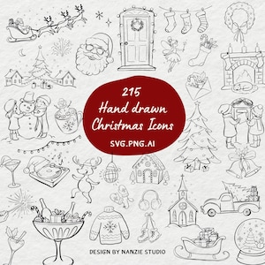 Puede incluir: Una colección de 215 iconos navideños dibujados a mano en blanco y negro. Las ilustraciones incluyen a Papá Noel, un árbol de Navidad, un muñeco de nieve, una chimenea, una iglesia y otros elementos festivos. Diseño de Nanzie Studio.