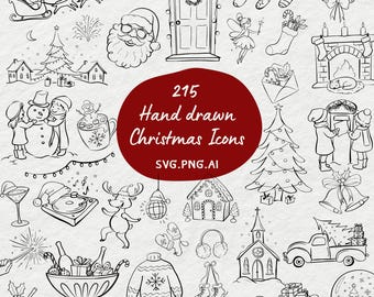 Hand drawn Christmas Svg Bundle, Whimsical Holiday Png Elements, Xmas Doodles Clipart, friendsmas invite