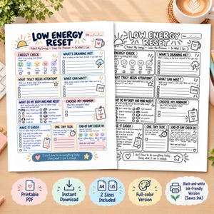 Low Energy Reset Printable, Gentle Productivity Worksheet, ADHD Executive Function, Self Care, Energy Check In for Adults & Teens, PDF