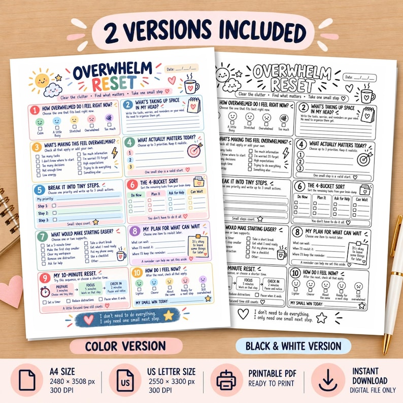 Overwhelm Reset Worksheet, ADHD Executive Function Printable, Brain ...