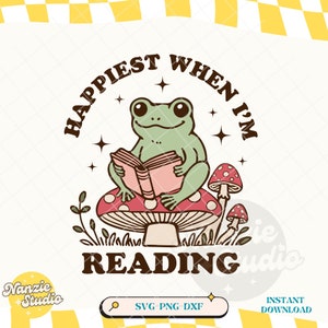 Bookworm Frog Reading on Mushroom - Retro SVG PNG DXF