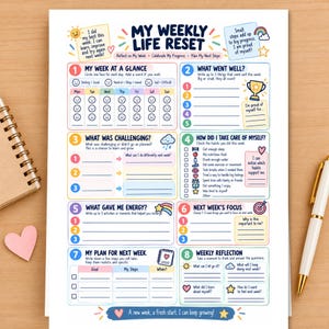 Może przedstawiać: Biały arkusz planera zatytułowany My Weekly Life Reset z ośmioma numerowanymi sekcjami do śledzenia nawyków, przemyśleń i celów. Układ zawiera kolorowe ikony, podpowiedzi tekstowe i puste linie do pisania, ozdobione małymi rysunkami słońca, tęczy, trofeum i serc.