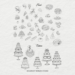 Puede incluir: Ilustraci&oacute;n en blanco y negro con varios alimentos y pasteles. La palabra "Food" est&aacute; escrita encima de dibujos de mariscos, productos y pasteles. La palabra "Cakes" est&aacute; escrita encima de dibujos de pasteles en capas. El texto "DESIGN BY NANZIE STUDIO" est&aacute; en la parte inferior.