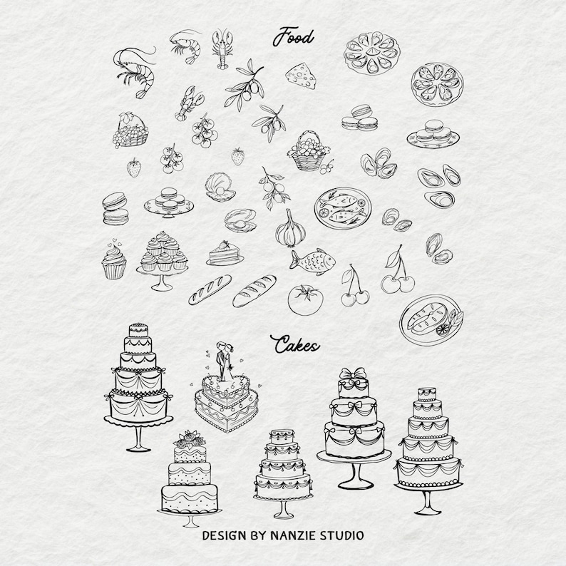 Puede incluir: Ilustraci&oacute;n en blanco y negro con varios alimentos y pasteles. La palabra "Food" est&aacute; escrita encima de dibujos de mariscos, productos y pasteles. La palabra "Cakes" est&aacute; escrita encima de dibujos de pasteles en capas. El texto "DESIGN BY NANZIE STUDIO" est&aacute; en la parte inferior.
