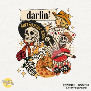 Colagem de Western Punk PNG, Colagem de Western Darlin PNG, Sublimação de Esqueleto de Cowgirl Audaciosa, Estética de Tatuagem Country, Adesivo de Western Marlboro