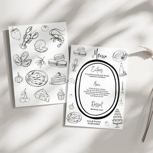 Puede incluir: Dos tarjetas de men&uacute; de boda en blanco y negro con ilustraciones de comida. Una tarjeta presenta un men&uacute; con entrantes, platos principales y postre. La otra tarjeta tiene dibujos de alimentos como una langosta, ostras y macarons.