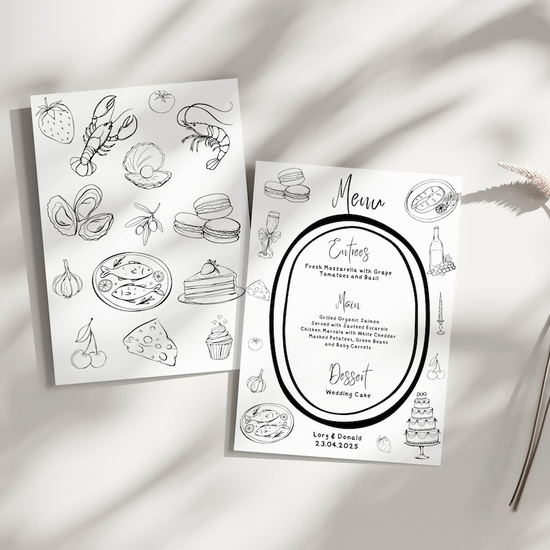 Puede incluir: Dos tarjetas de men&uacute; de boda en blanco y negro con ilustraciones de comida. Una tarjeta presenta un men&uacute; con entrantes, platos principales y postre. La otra tarjeta tiene dibujos de alimentos como una langosta, ostras y macarons.