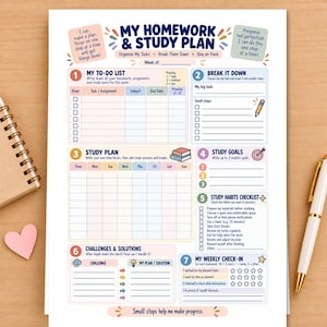 May include: A printed homework and study plan organizer sheet featuring seven sections including a to-do list, study plan, goals, habits checklist, and weekly check-in. The document uses pastel colors and includes text prompts for task management.