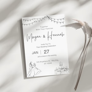 Puede incluir: Una invitaci&oacute;n de boda blanca con texto e ilustraciones en negro. La invitaci&oacute;n dice "Morgan & Hannah" e incluye la fecha "JAN 27". La invitaci&oacute;n tambi&eacute;n incluye un dibujo de una pareja y una mesa.