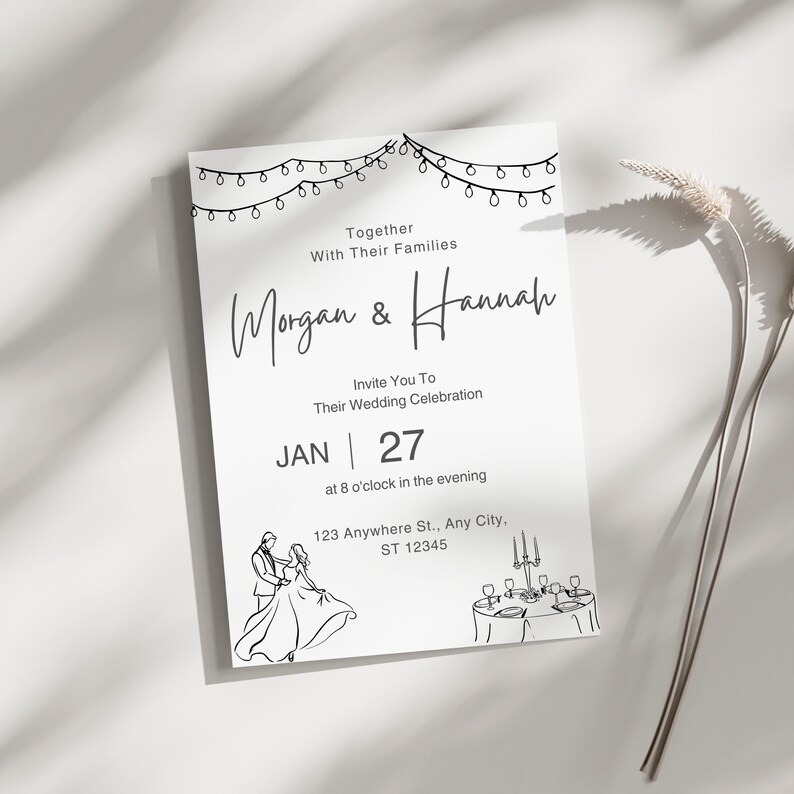 Puede incluir: Una invitaci&oacute;n de boda blanca con texto e ilustraciones en negro. La invitaci&oacute;n dice "Morgan & Hannah" e incluye la fecha "JAN 27". La invitaci&oacute;n tambi&eacute;n incluye un dibujo de una pareja y una mesa.