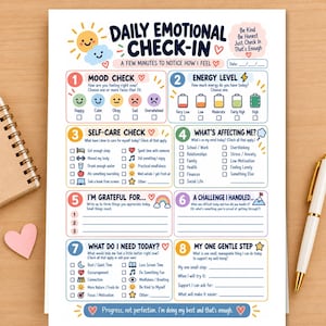 May include: A daily emotional check-in worksheet featuring eight numbered sections with prompts for mood, energy, self-care, gratitude, challenges, and needs. The page includes colorful icons, checkboxes, and the text: Daily Emotional Check-In.