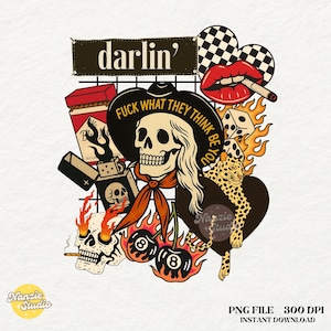 Colagem de Western Punk PNG, Design de Camiseta Howdy Darlin Western Collage PNG, Sublimação de Esqueleto de Cowgirl Country Edgy, Adesivo Marlboro Western