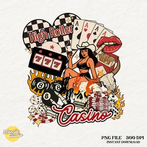 Western Casino Collage PNG, Cowgirl Skull Tattoo Sublimation, Retro Gambling Shirt Design, Rockabilly Rodeo Western Playing Cards Dice PNG