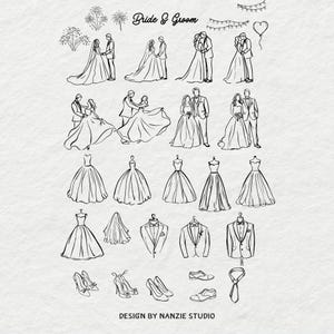 Puede incluir: Ilustraciones en blanco y negro de elementos de boda: parejas, vestidos de novia, esm&oacute;quines, zapatos y accesorios. El texto "Bride & Groom" est&aacute; en la parte superior y "DESIGN BY NANZIE STUDIO" en la inferior.