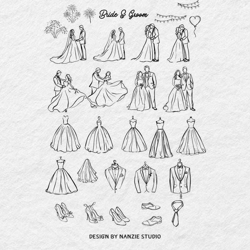 Puede incluir: Ilustraciones en blanco y negro de elementos de boda: parejas, vestidos de novia, esm&oacute;quines, zapatos y accesorios. El texto "Bride & Groom" est&aacute; en la parte superior y "DESIGN BY NANZIE STUDIO" en la inferior.