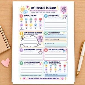 Hoja de trabajo para reestructurar pensamientos para adolescentes y adultos: pensamientos negativos y pensamiento equilibrado, autorreflexión (imprimible en formato A4/Carta estadounidense) y PDF.