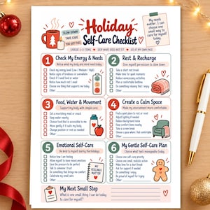 May include: A Holiday Self-Care Checklist printed on white paper featuring six numbered sections with checkboxes. The document includes illustrations of a mug, a blanket, a chair, and a gingerbread person, with text prompts for daily wellness and self-care activities.