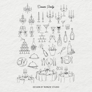 Puede incluir: Ilustraciones en blanco y negro de elementos de una cena. Incluye candelabros, velas, copas de champ&aacute;n, copas de martini, botellas de vino y mesas preparadas para cenar. El texto dice "Dinner Party" y "Design by Nanzie Studio."