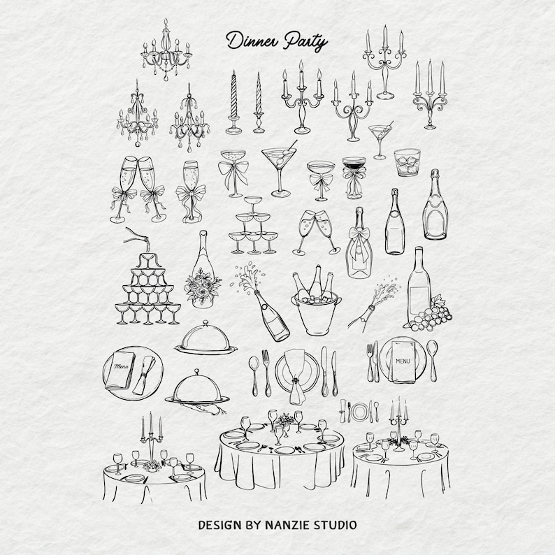 Puede incluir: Ilustraciones en blanco y negro de elementos de una cena. Incluye candelabros, velas, copas de champ&aacute;n, copas de martini, botellas de vino y mesas preparadas para cenar. El texto dice "Dinner Party" y "Design by Nanzie Studio."