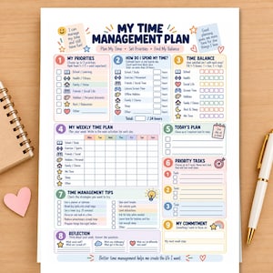 Puede incluir: Una hoja de papel blanca para la planificación de la gestión del tiempo con secciones coloridas tituladas My Time Management Plan, My Priorities, How Do I Spend My Time, Time Balance, My Weekly Time Plan, Today's Plan, Priority Tasks, Tips y Reflection.