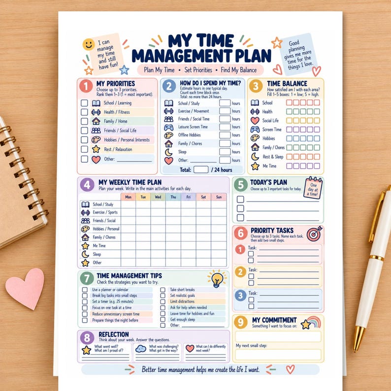 Time Management Worksheet for Teens, Executive Function Skills, ADHD ...