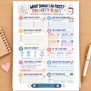 May include: A white task management planner sheet titled What Should I Do First? Priority Reset. It features ten numbered sections with checklists, icons, and prompts for organizing daily tasks, energy levels, and time-blocking strategies.