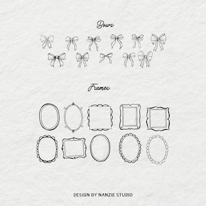 Puede incluir: Dibujos a mano de lazos y marcos en tinta negra sobre un fondo blanco texturizado. La palabra "Bows" est&aacute; escrita encima de una serie de ilustraciones de lazos. Debajo, la palabra "Frames" est&aacute; encima de varios dise&ntilde;os de marcos. El texto "DESIGN BY NANZIE STUDIO" est&aacute; en la parte inferior.