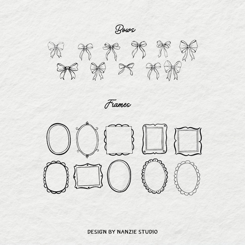 Puede incluir: Dibujos a mano de lazos y marcos en tinta negra sobre un fondo blanco texturizado. La palabra "Bows" est&aacute; escrita encima de una serie de ilustraciones de lazos. Debajo, la palabra "Frames" est&aacute; encima de varios dise&ntilde;os de marcos. El texto "DESIGN BY NANZIE STUDIO" est&aacute; en la parte inferior.