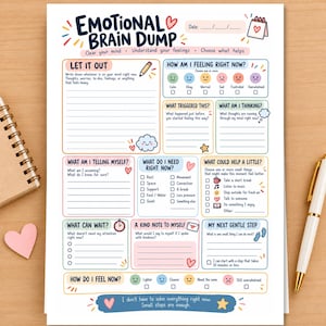 May include: A white paper worksheet titled Emotional Brain Dump with colorful sections for tracking feelings, triggers, and self-care steps. The layout includes prompts like Let It Out, How Am I Feeling Right Now, and What Do I Need Right Now, decorated with small icons of hearts, stars, and clouds.