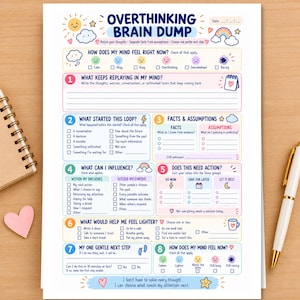 May include: A white paper worksheet titled Overthinking Brain Dump with colorful illustrations of a sun, clouds, and a rainbow. The document features eight numbered sections with checkboxes, prompts, and scales to track thoughts, feelings, and actions.