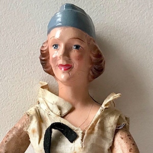 Vintage composition doll nurse? outfit hat doll jointed doll Woman in uniform blue hat hand painted chippy