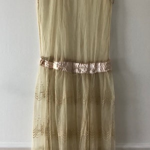 Antique Art Deco Flapper lace dress net wedding dress? Beige cream color shabby display 1920s drop waist embroidery embroidered