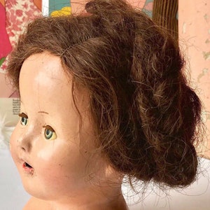 Vintage composition doll head real hair wig braids sleep eyes open mouth creepy cute decor chippy girl doll bust display