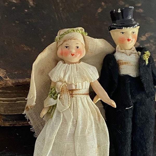 Antique bisque miniature dolls bride and groom dolls dollhouse dolls or cake toppers figurines